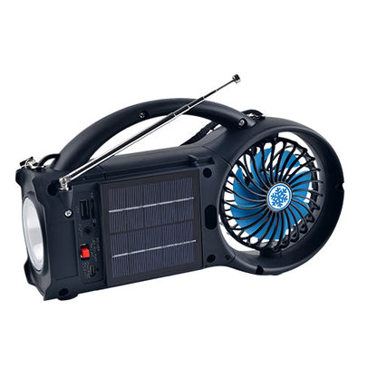 Altavoz Bluetooth con energía solar, radio FM, linterna LED y ventilador